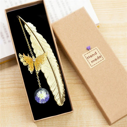 Metal Feather Bookmark with Dried Flower & Butterfly – Elegant Page Marker