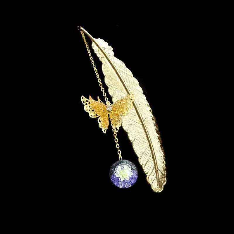 Elegant Metal Feather Bookmark with Butterfly & Dried Flowers