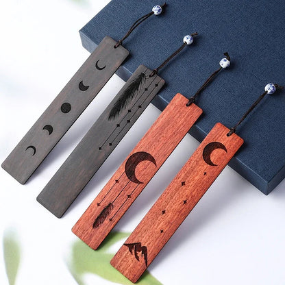 Black Sun Moon Design Wooden Bookmark – Stylish Sandalwood Bookmark for Students