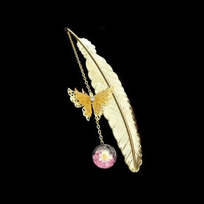 Elegant Metal Feather Bookmark with Butterfly & Dried Flowers