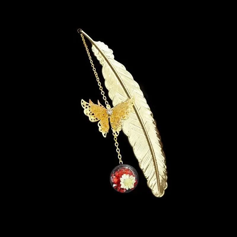 Elegant Metal Feather Bookmark with Butterfly & Dried Flowers