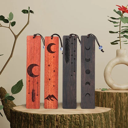 Black Sun Moon Design Wooden Bookmark – Stylish Sandalwood Bookmark for Students